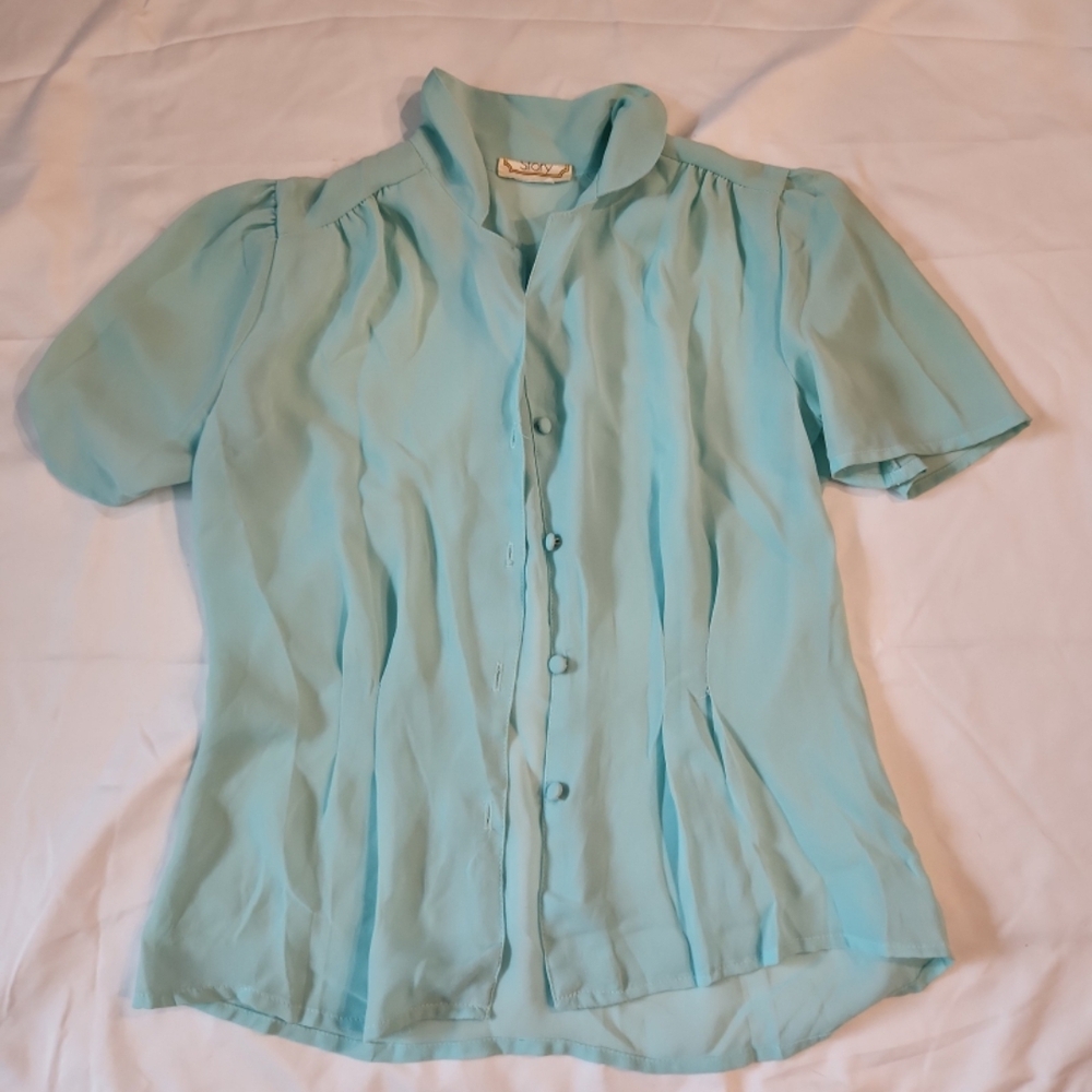 Story women's size small blue vintage button Blouse #ABE